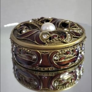 Ornate Brass Trinket Box Bejeweled Top & Sides Enameled Interior Beautiful